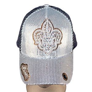 Silver Bling Sequin Fleur De Lis Trucker Mesh Adjustable Baseball Hat NOLA Cap